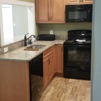 wood stain kitchen cabinets, black appliances, new kitchen